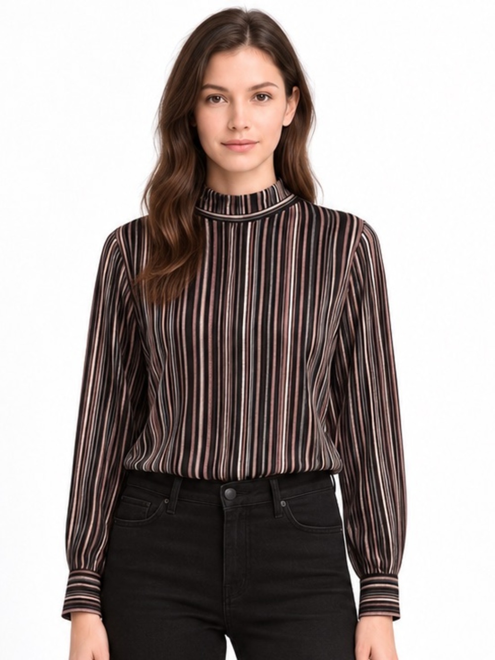 The Korner Velvet Striped Mock Neck Top Small NWT Black Burgundy Silver